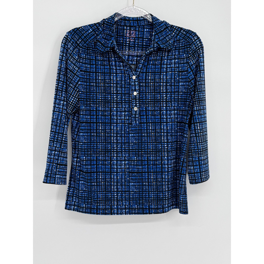 212 Collection Womens Blue Black Geometric Grid 3/4 Sleeve Button Polo Top Sz S